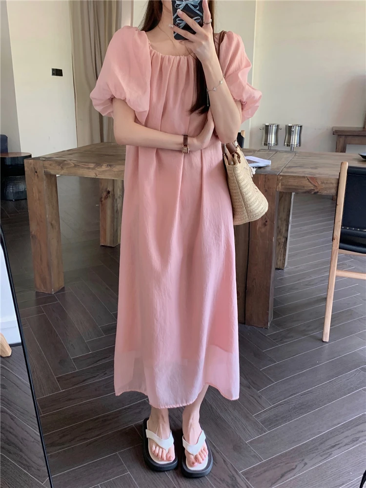 

Women Long Dress Summer 2024 Office Lady Korea Style Loose Solid Chiffon Short Sleeve Puff Sleeve Square Collar Black Dresses