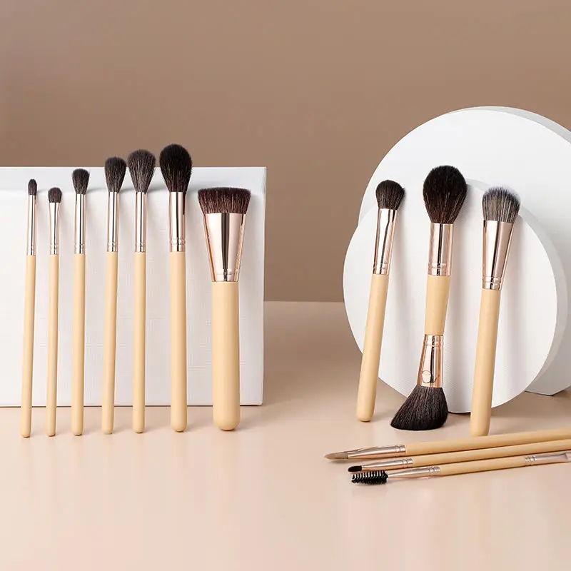 مجموعة فرش مكياج نباتية مكونة من 13 قطعة، فرش شعر الماعز ذات نهاية مزدوجة، جودة احترافية لمكياج الكراميل