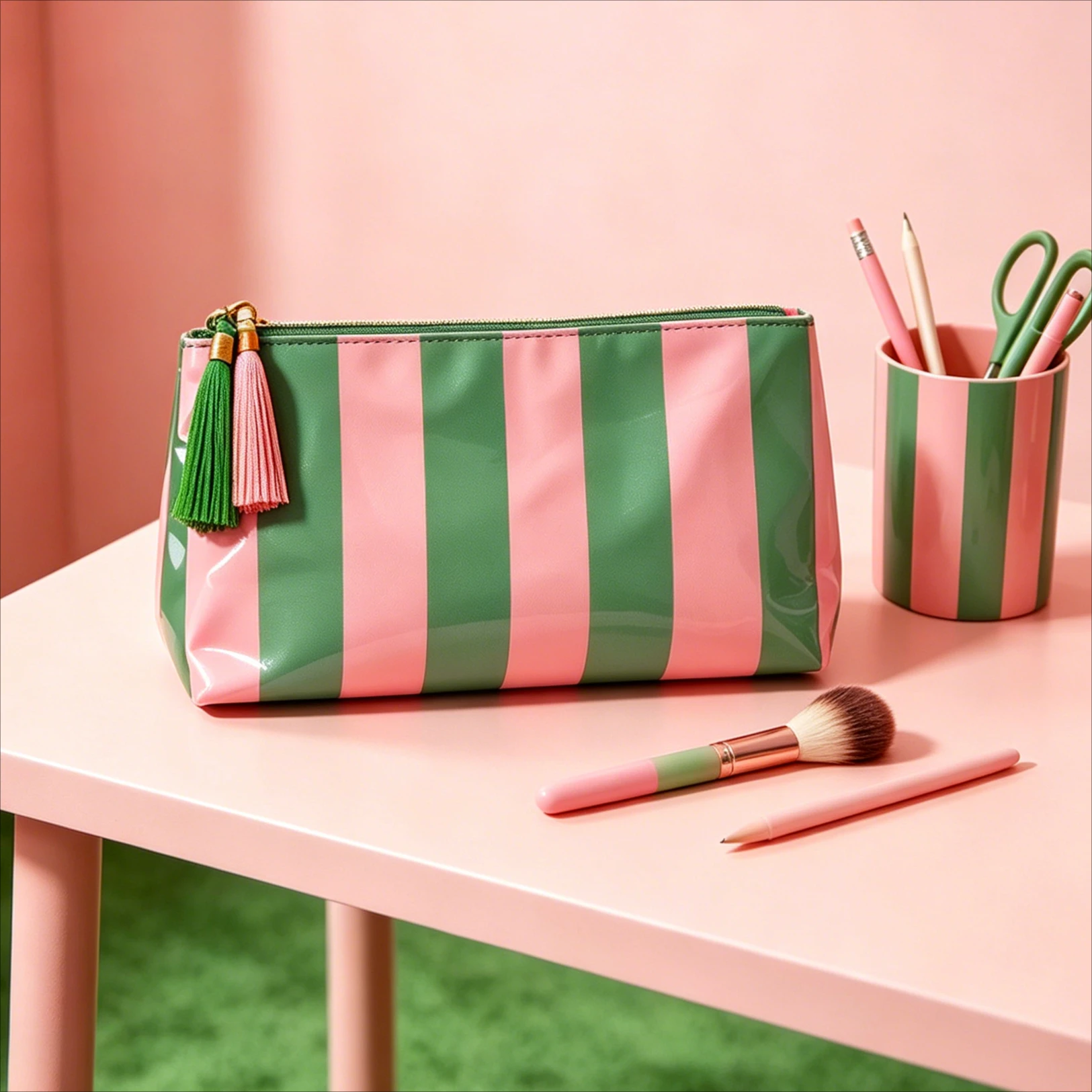 Classic Striped Cosmetic Bag Makeup Bag with Fringe Zipper Travel Toiletry Skincare PVC Makeup Brush Case Travel Organization