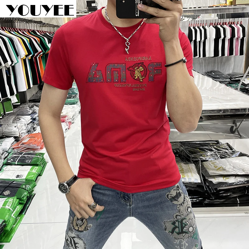 Short Sleeve T-shirt Men\'s Slim Casual Print Hot Diamond 2025 Summer New Fashion M-7XL Male Tees High Quality Man Top Clothing