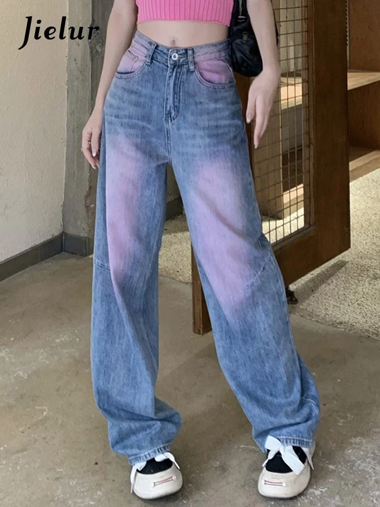 

Jielur Vintage Full Length Spell Color Fashion Women Jeans High Waist Loose Cotton Denim Female Wide Leg Pants Casual Chic Jeans
