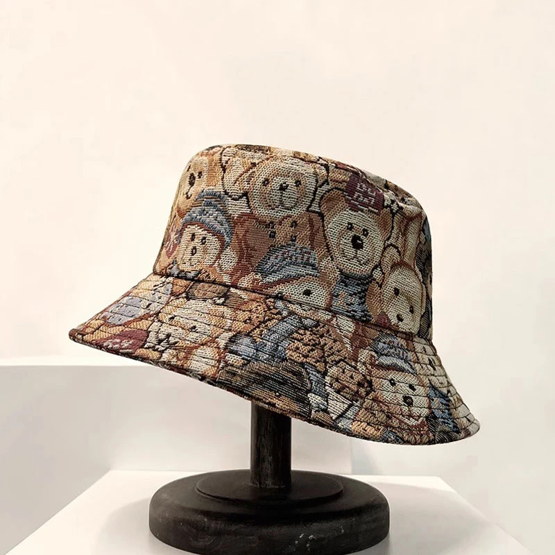 Cute Bear Print Bucket Hat Summer Outdoor Sports Travel Beach Fishing Sun Hat Unisex Adjustable Bucket Cap