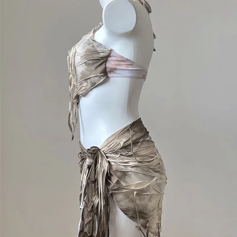 Y2k Hot Girls Sexy Backless Halter Neck Bikini Set Boho Beach Holiday Split Swimsuit Fashion Brown Gradient Women Bathing Suits