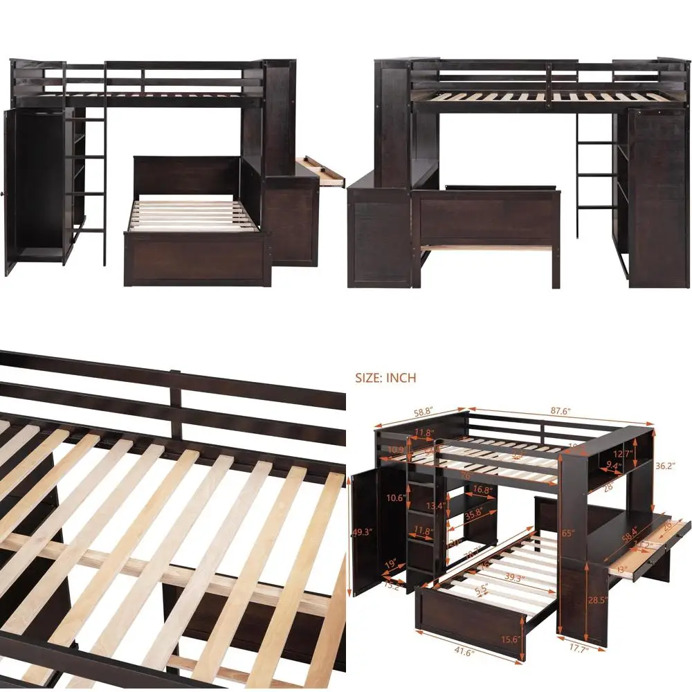 

Double Decker Bunk Beds with Desk, Drawers, and Storage for Kids - Wooden Full-Size Bed with Twin Trundle, Wardrobe, and Shelves