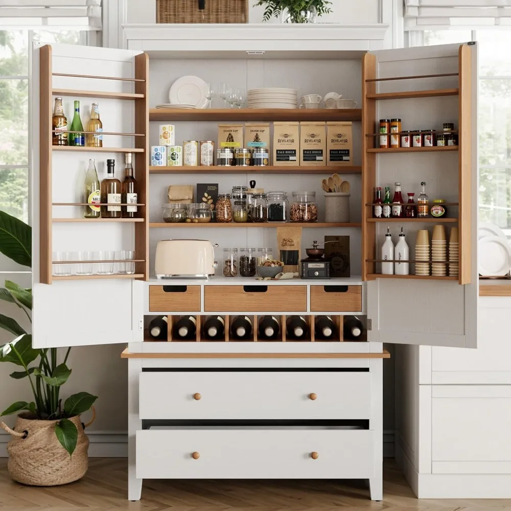 Kitchen Cabinet 70'' , Wood Cupboard with 8 Door Storage Shelves, Large Storage Cabinet with Drawers & Adjustable Shelves