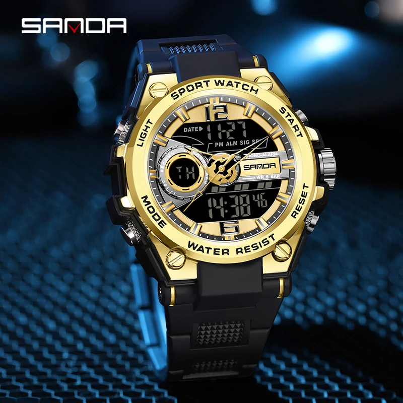 SANDA Top Brand Luxury Multi Function Sports Watch Men Watch Dual Display LED Digital Watch Timer Alarm Clock Relogio Masculino