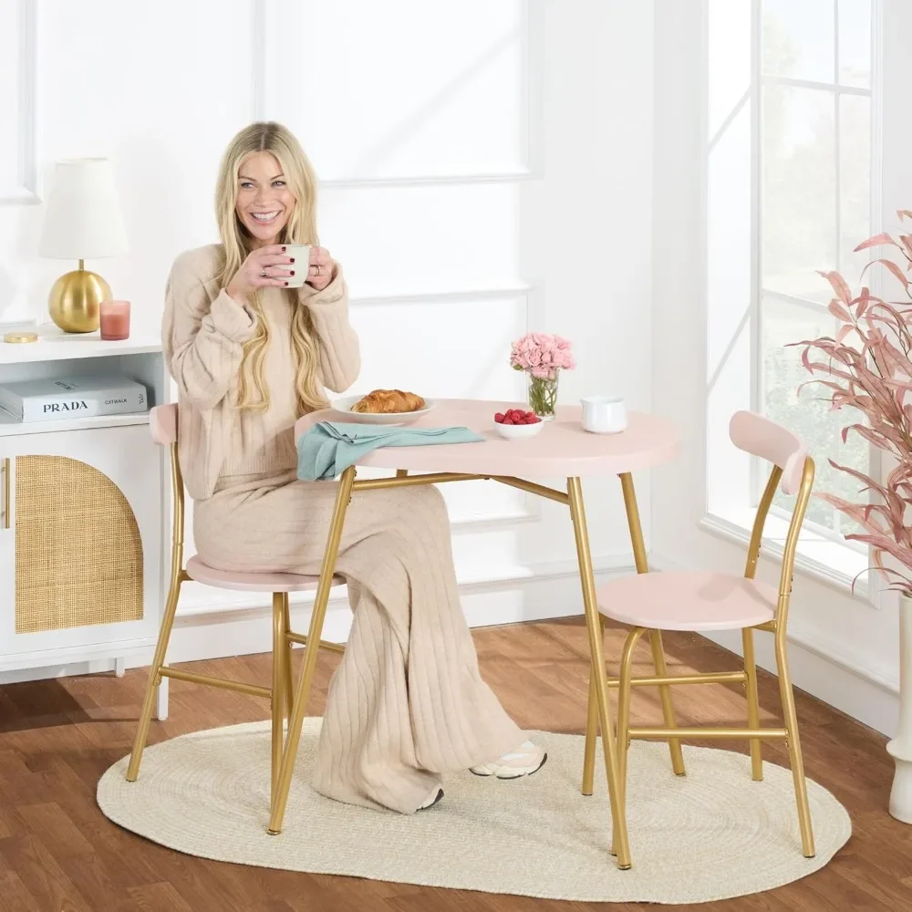 3-Piece Modern Oval Dining Table Set, Small Kitchen Dinette w/ 2 Chairs, Metal Frame, Curved Backrests - Pink/Gold