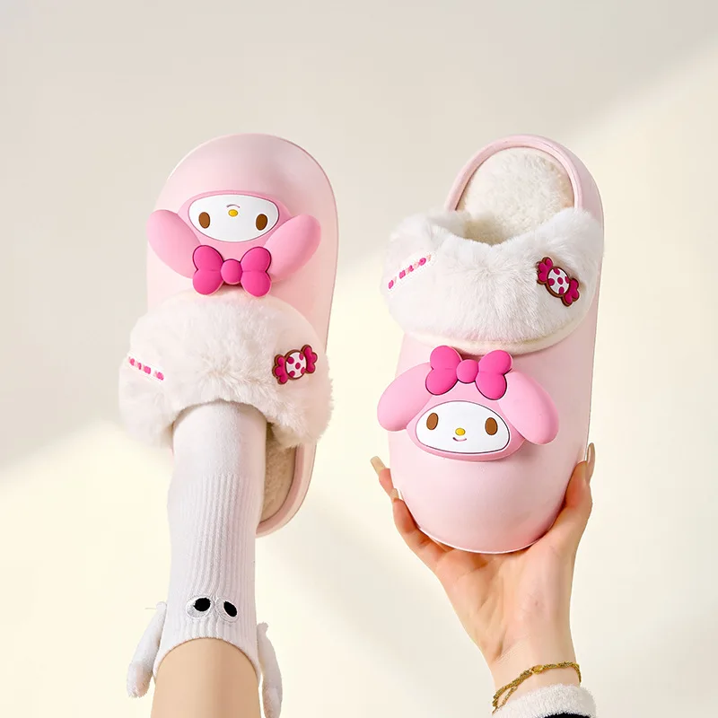 Sanrio Hello Kitty zimowa kapcie z bawełny Anime Kuromi Cinnamoroll Kawaii wodoodporna antypoślizgowa klapki pluszowe prezent dla dziewczynki