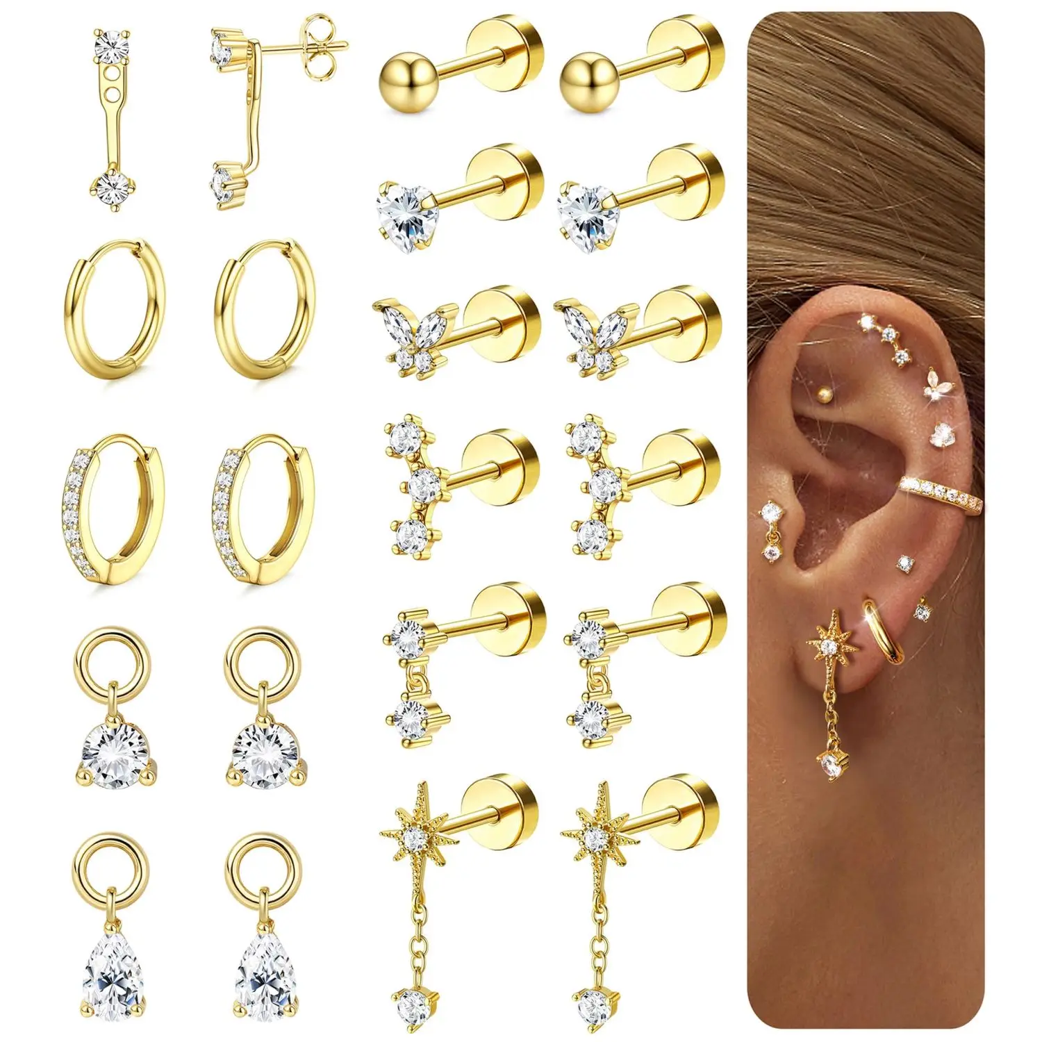 

Bobisty Hypoallergenic Flat Back Stud Earrings for Women Hoop Cartilage Earring Stacks Surgical Steel Helix Piercing Jewelry Set