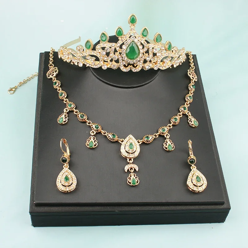 Wedding Jewelry Set Algerian Bridal Hair Accessories Crown Gold-plated Pendant Necklace Earrings Accessories for Women Luxury