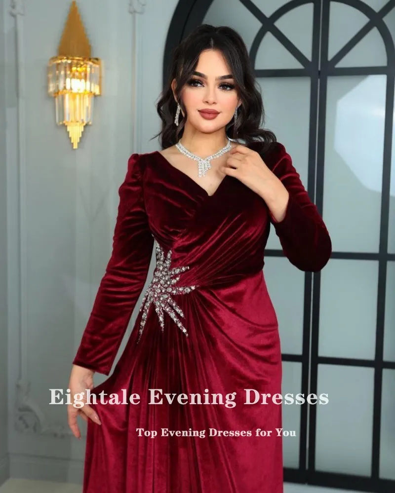 Eightale Velvet Evening Dress for Wedding Party Long Sleeves Customized Simple Mermaid Arabic Prom Gowns with Detachable Skirt