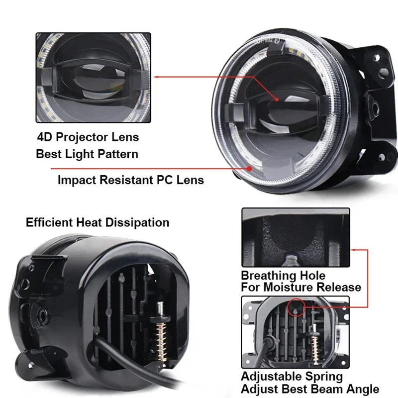 4 Inch LED Headlight With White Halo Ring DRL 6000K 30W For Jeep Wrangler JK TJ Headlamps Angel Eye Turn Signal Fog Lamp