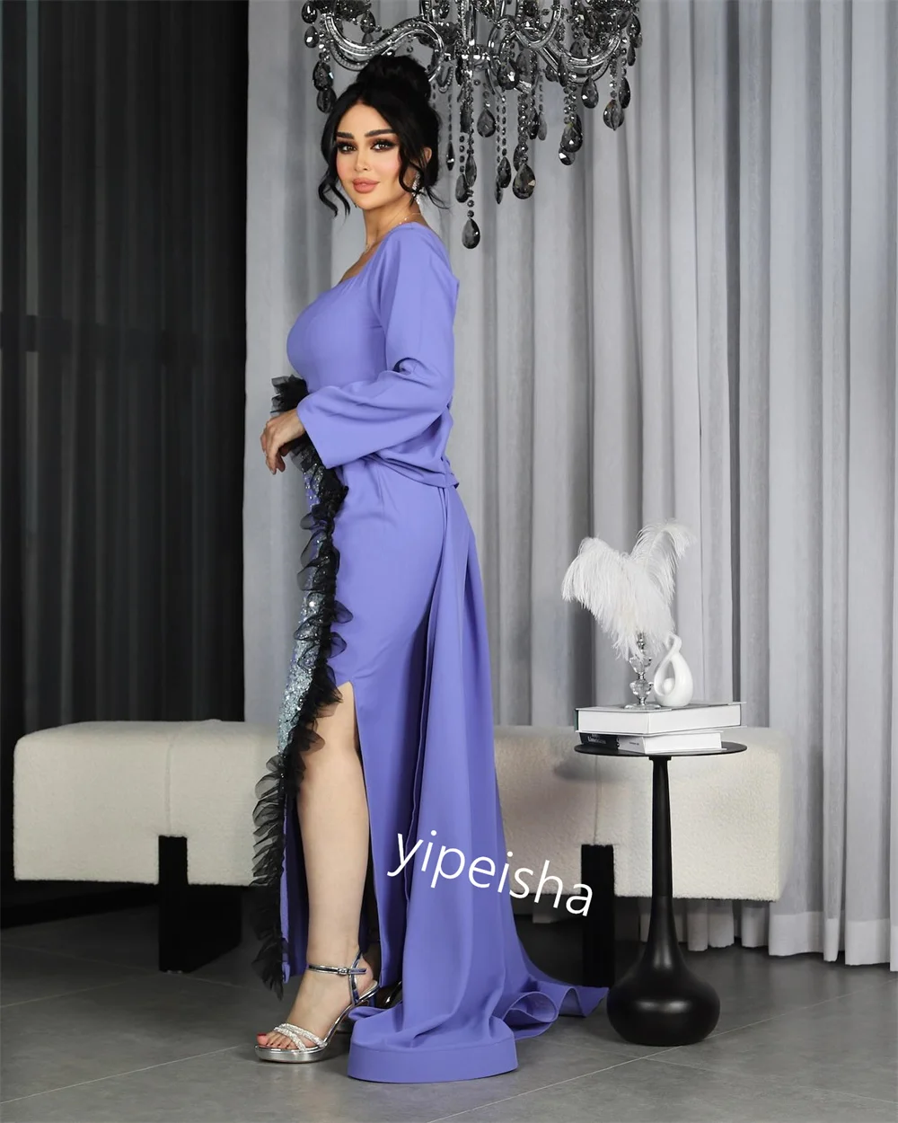 Ball Dress Saudi Arabia Prom Jersey Rhinestone Cocktail Party Sheath Square Neck Bespoke Occasion Gown Long Dresses