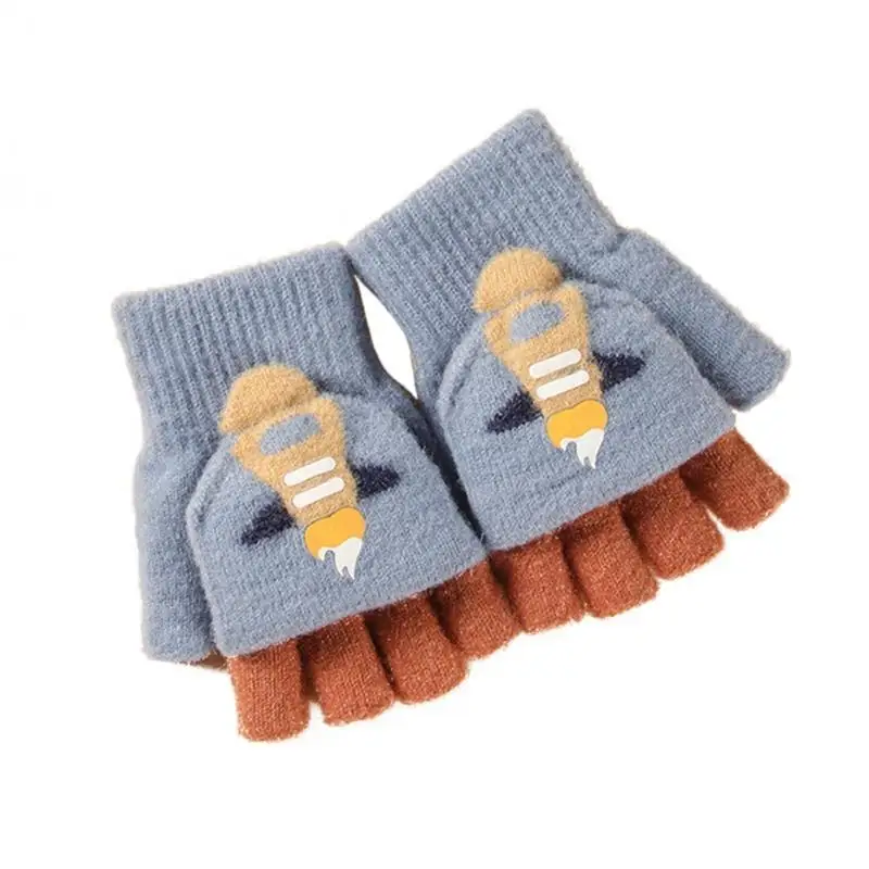 

652F Cartoon Rocket Winter Knit Fingerless Convertible Gloves Keep Warm
