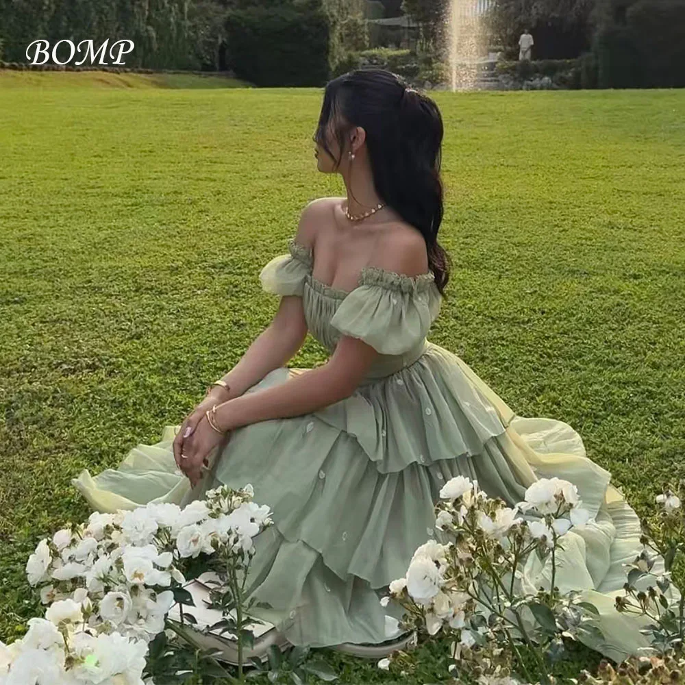 

BOMP Pastrol Green Wedding Party Dress Off Shoulder Sweetheart Draped Floor Length Chiffon Birthday Evening Gown Customized