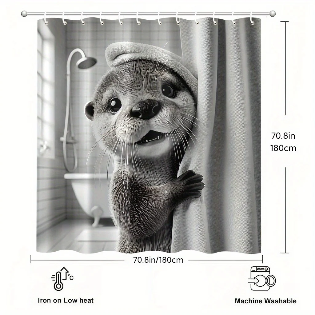cute otter peeking from shower curtain wearing towel funny animal art realistic design bathroom decor with hooks easy to carefor