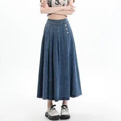 Retro Light Blue Pleated Denim Skirt for Women's 2026 New Design Sense Button Elastic High Waist A-line Mid-length Half Skirts