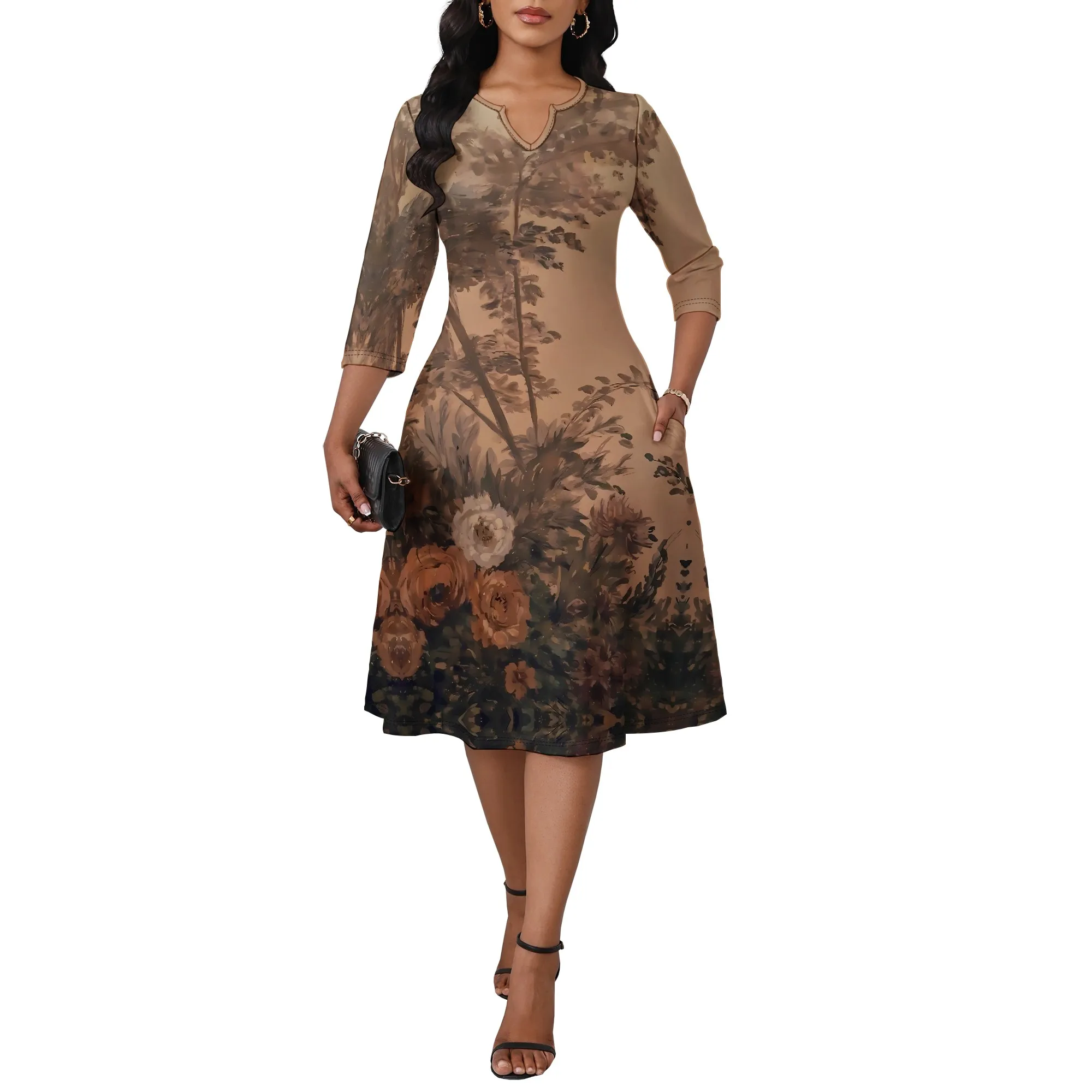 Abito longuette con stampa etnica Boho Abito estivo da donna con scollo a V con motivo tribale arancione rosa