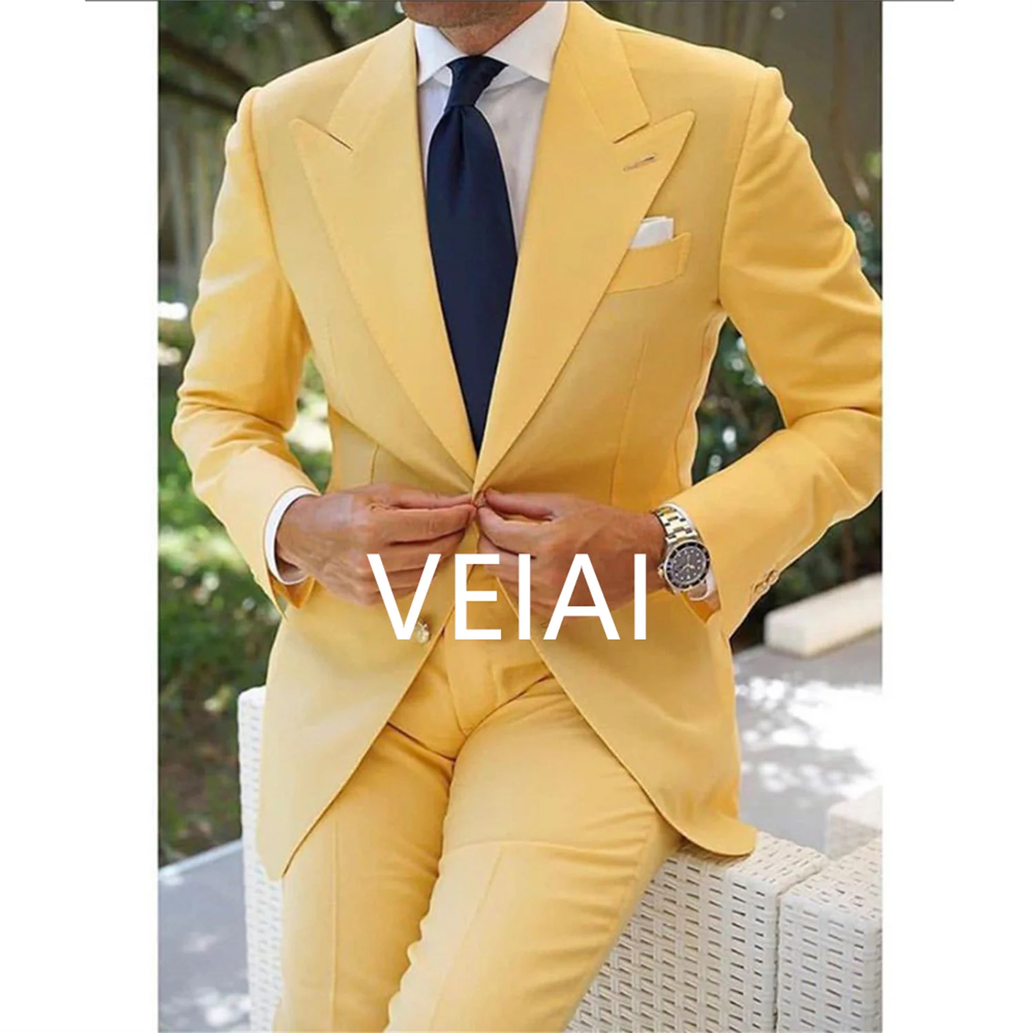 

CustomizedYellow Prom Men's Suit Tape Lapel Wedding Groom Tuxedo Latest Design Fashion 2 Piece Set with Pants