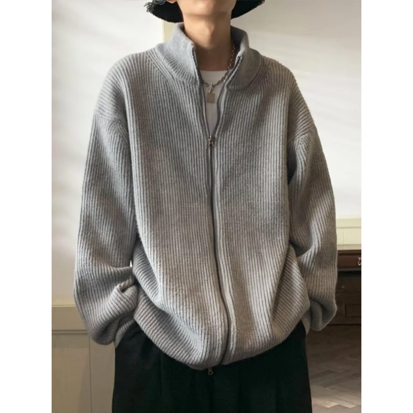 

Новый простой модный двойной молнии с мехом ягненка, художественный персональный INS Trend, универсальный японский вязаный свитер в стиле Харадзюку