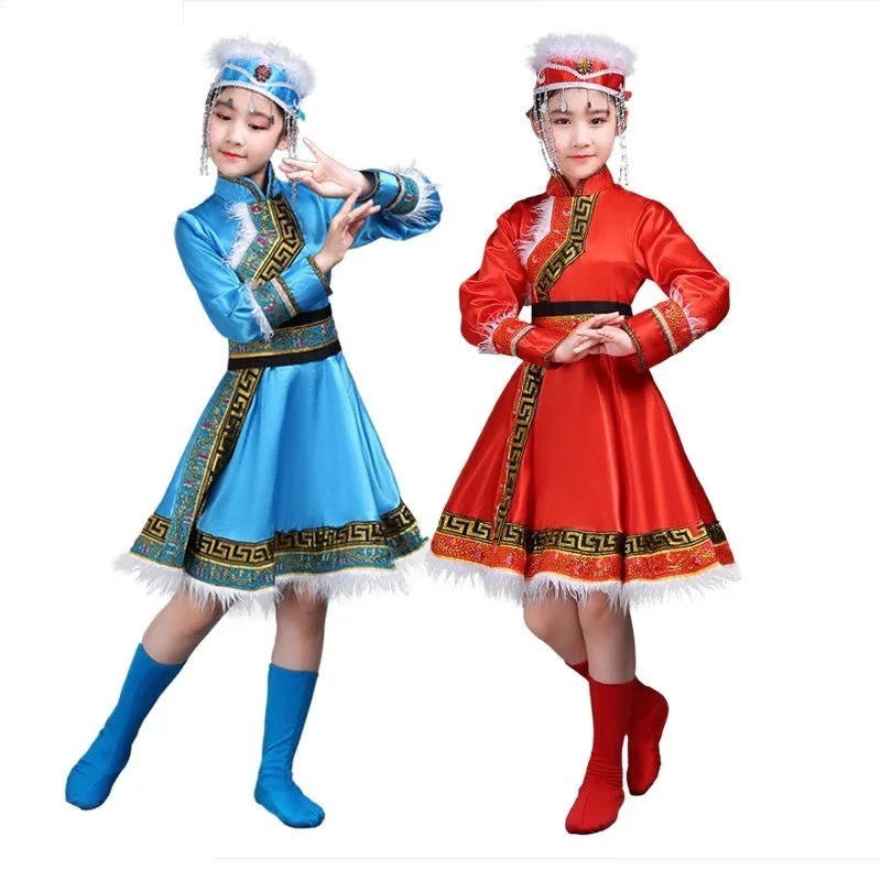 

Детские монгольские танцевальные костюмы для девочек, китайская национальная одежда, одежда для сценических выступлений, народная танцевальная одежда, новогодняя одежда