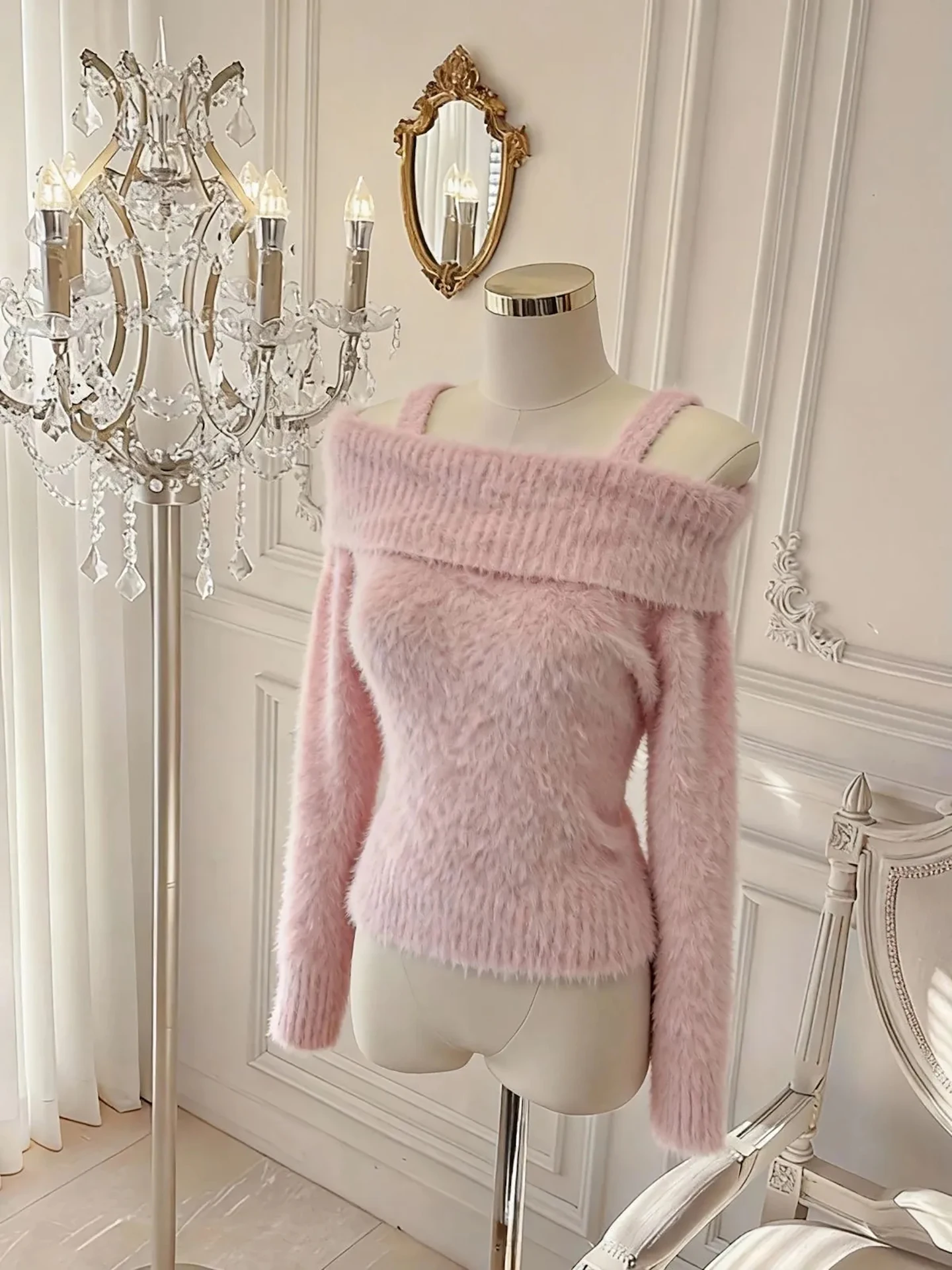 Pull rose mignon pour femme, haut coréen paresseux, chaud, une épaule, polyvalent, doux et confortable, nouvelle collection hiver