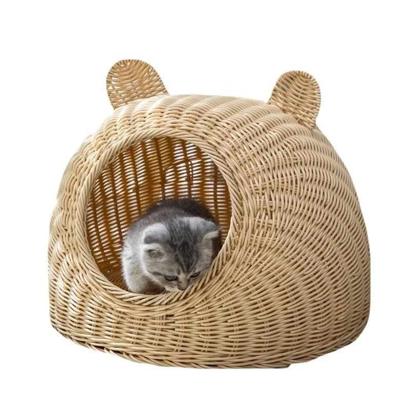 

Cute Cat Cave Pet Bed House Wholesale Natural Hand Antibacterial Woven Blue And Pink Breathable Hand Wash Cat Rattan Bed House