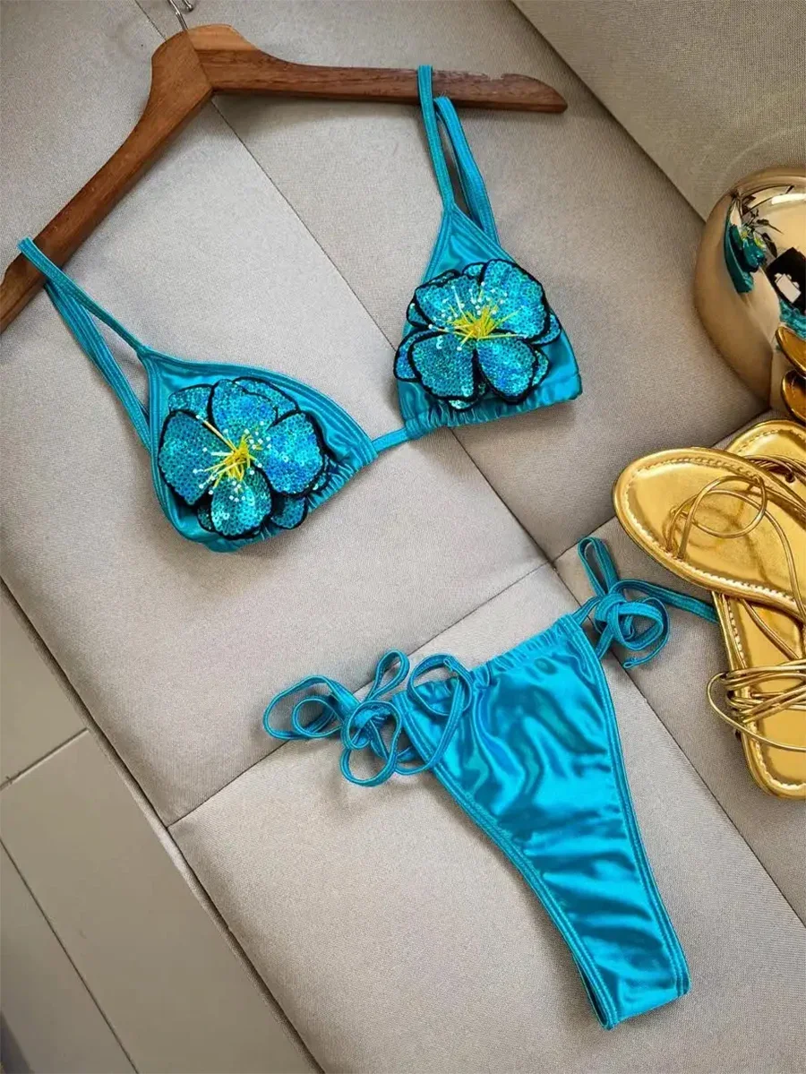 

Микро бикини, новые сексуальные бразильские бикини на шнуровке с 3D цветами, женские купальники, яркие купальники, бикини с открытой спиной, пляжная одежда для отпуска