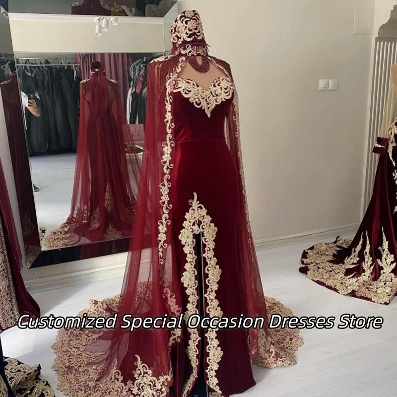 

Винно-красные бархатные вечерние платья с высоким воротом, нежное кружевное платье для выпускного вечера с аппликацией по бокам, алжирские свадебные платья по индивидуальному заказу