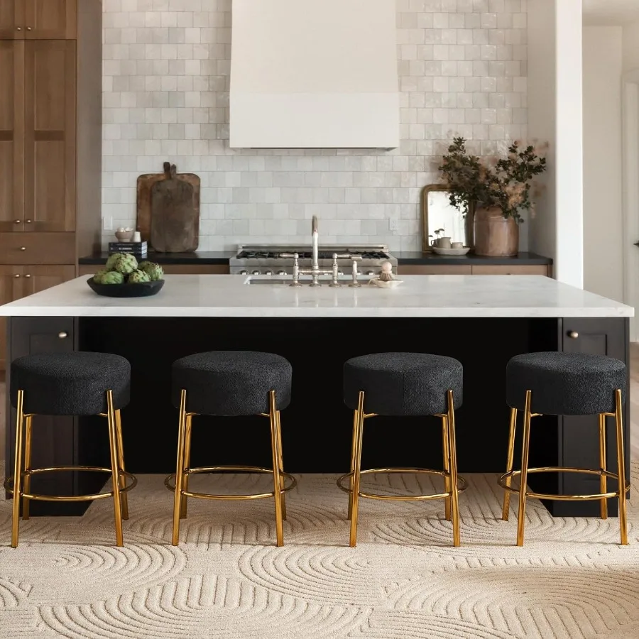 Modern Bar Stools Set of 4 24 Counter Height Stools with Round Soft Padded Boucle Backless Seat and Golden Metal Base Upholster