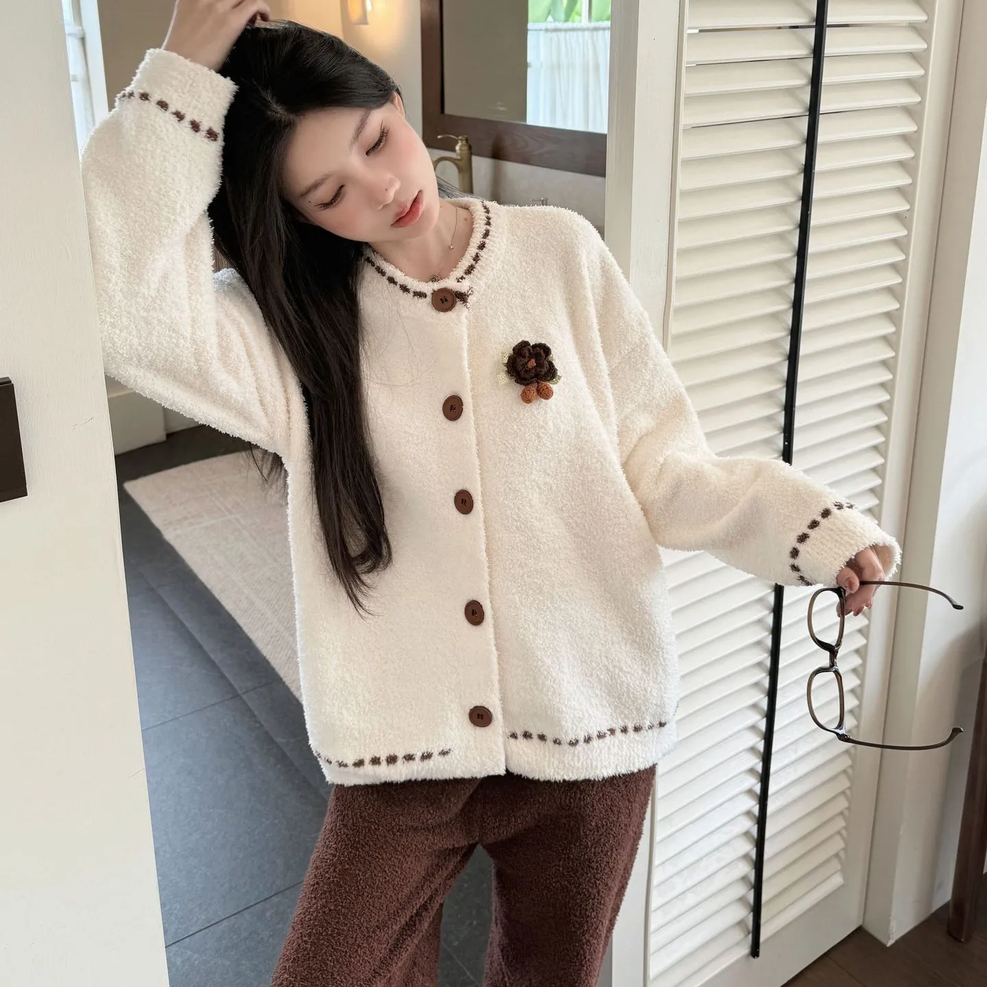 Sweet Girls Korean Winter Outerwear Home Clothes Color Blocking Warm Thick Half Fleece Women's Pajamas Two Piece Sets