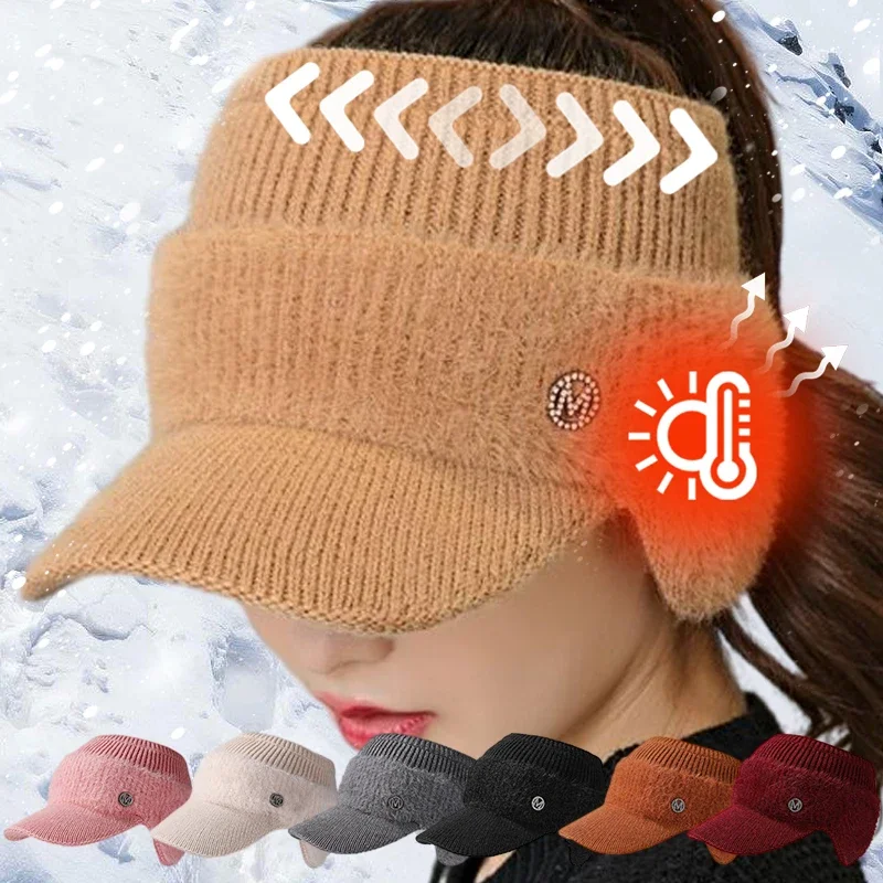 Autumn Winter Fashion Hats for Women Winter Warm Knitted Fleece Hat Ladies with Earflaps Hats Empty Top Baseball Cap for Female