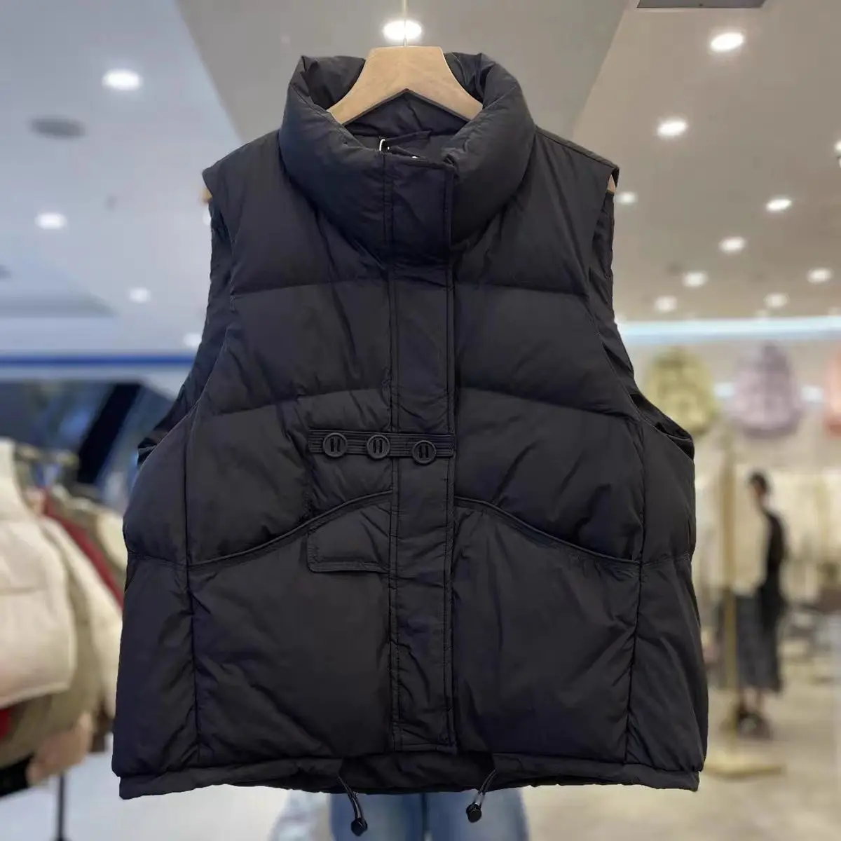 

White Duck down Vest Women's New National Standard Collar Jacket Polyester Fabric Short Style Three Buttons Shoulder Pad