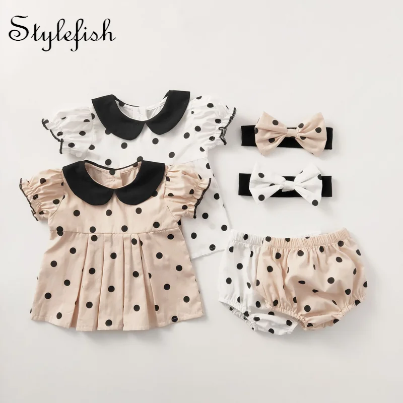 2022 baby girls summer clothes set polka dot short sleeve Top + bread pants + hair band three-piece suit