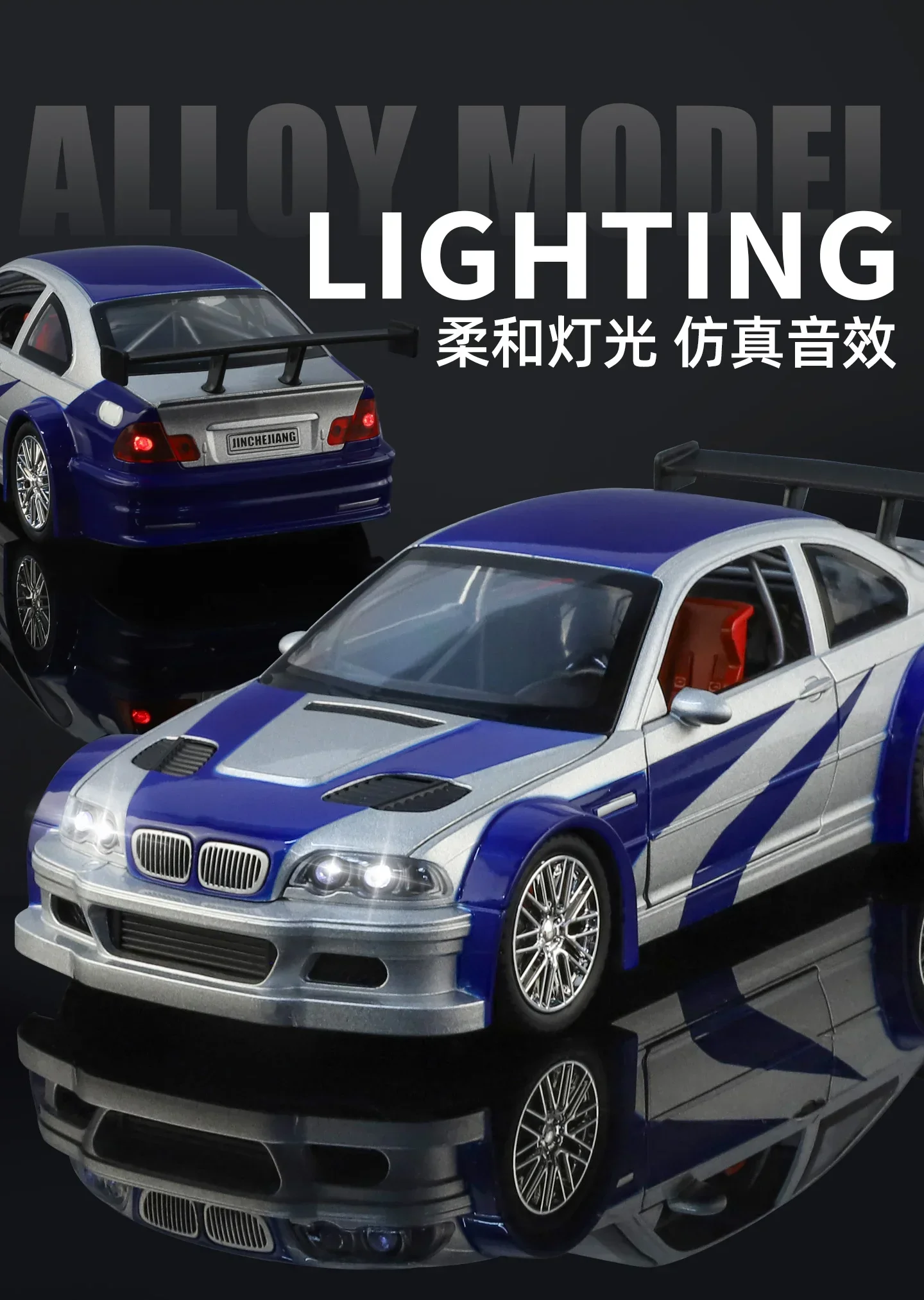 1:24 M3 GTR E46 Racing Alloy Metal Diecast Model Car Sound and Light Pull Back Collectibles Hobby Birthday