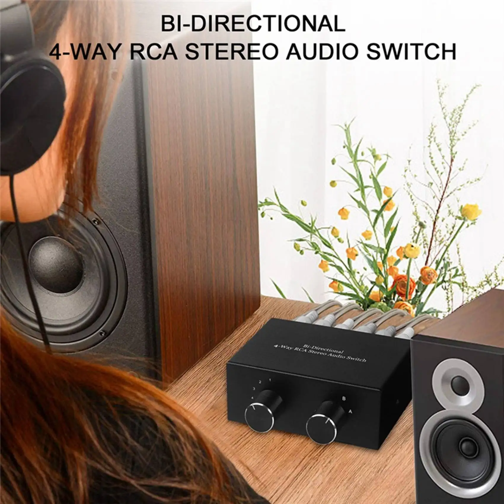 Bi-Directional 4-Way RCA Stereo Audio Switch L/R Sound Channel Audio Switcher,2 in 4 Out or 4 in 2 Out Audio Splitter