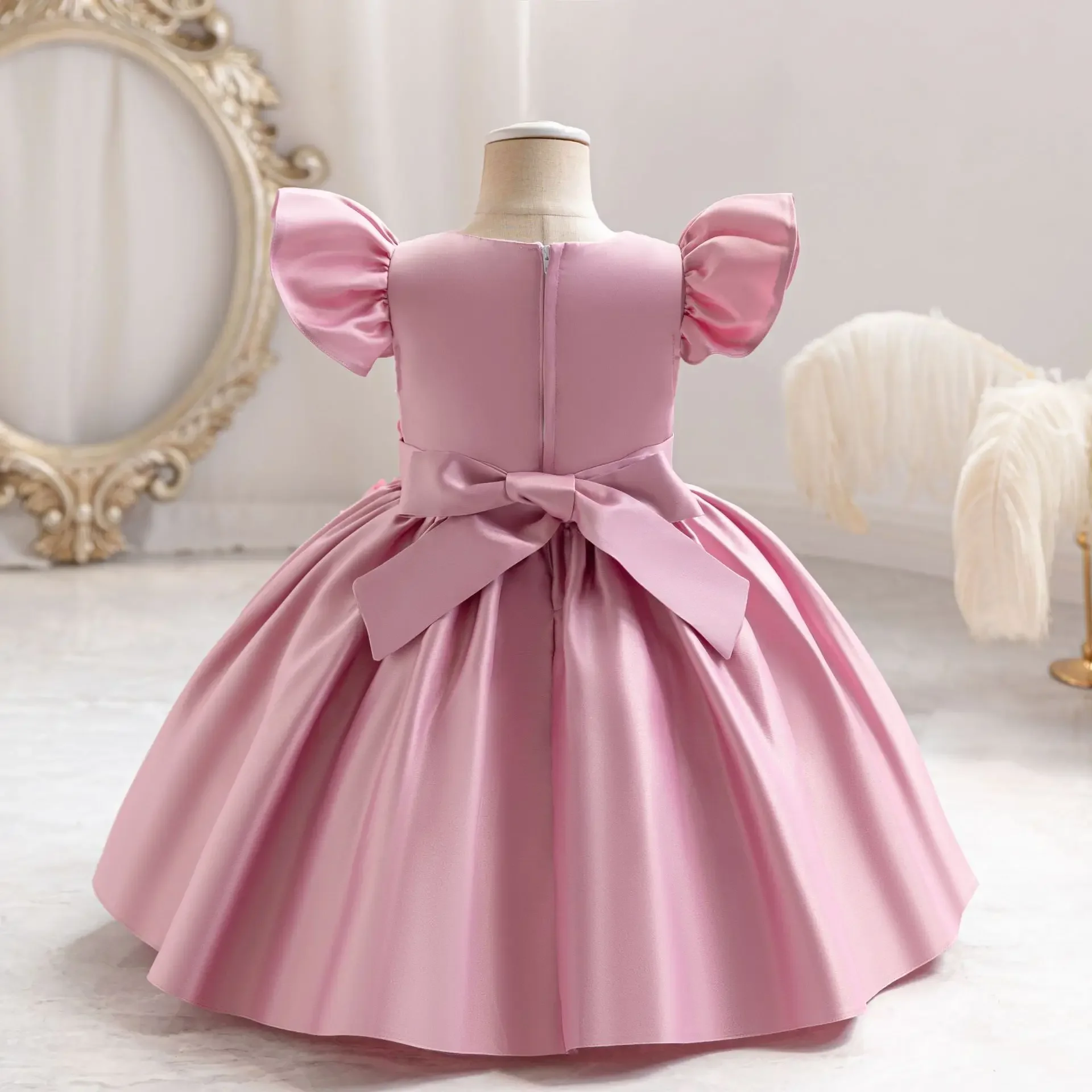Summer Girls Casual Princess Dress Children Pearl Wedding Sequined Gown Kids Birthday Party Satin Costume 6M-4 Years