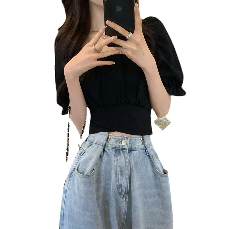 2024 Spring and Summer New Short Blouse Back Bow Tie Short-sleeved Shirt Casual Top Women\'s Clothing кофта Blusas Para Mujer블라우스