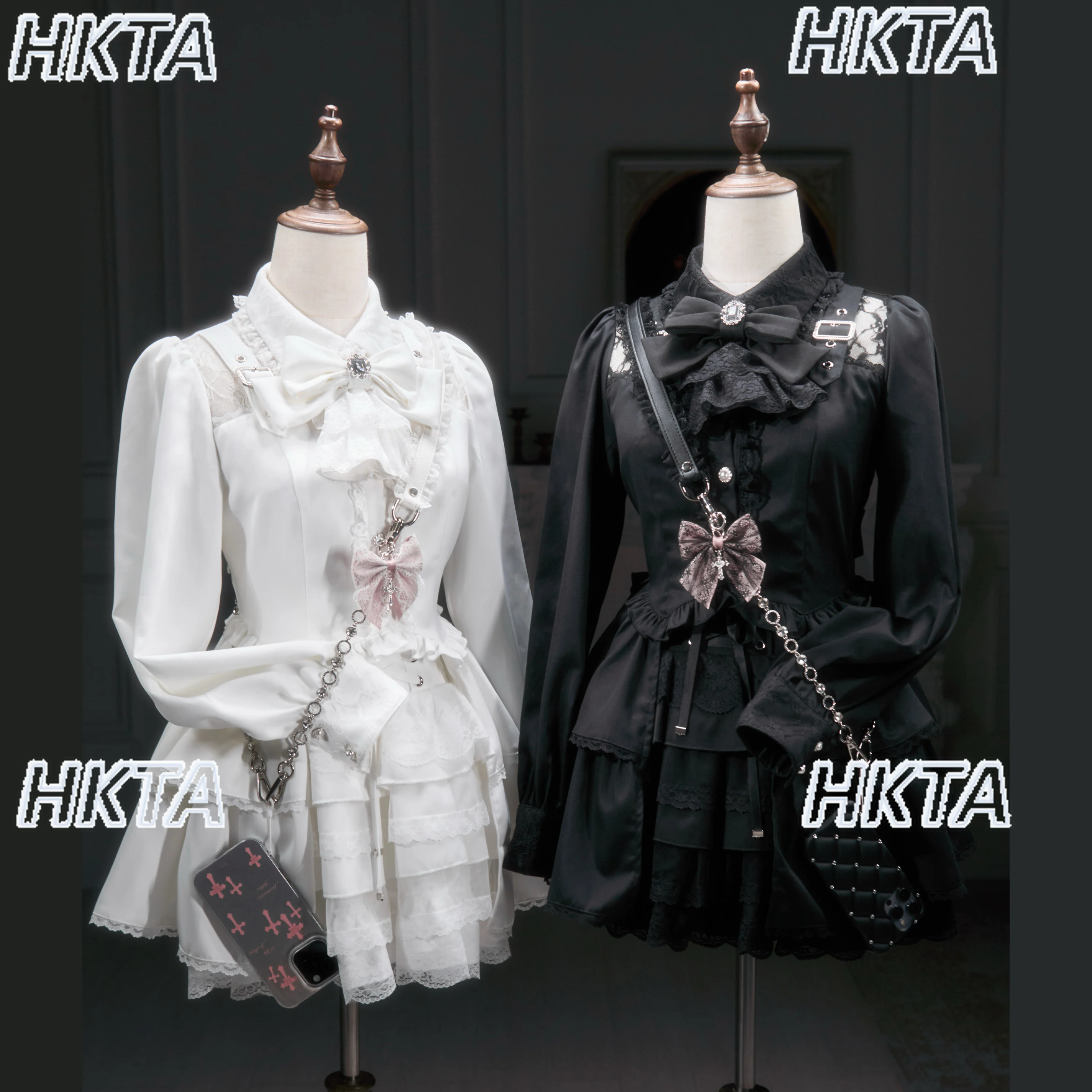 

Japanese Style Subculture Gothic Shirt Dress Women Mass Production Type Lace Bow Lapel Long Sleeve Slim Waist Pleated Blouse