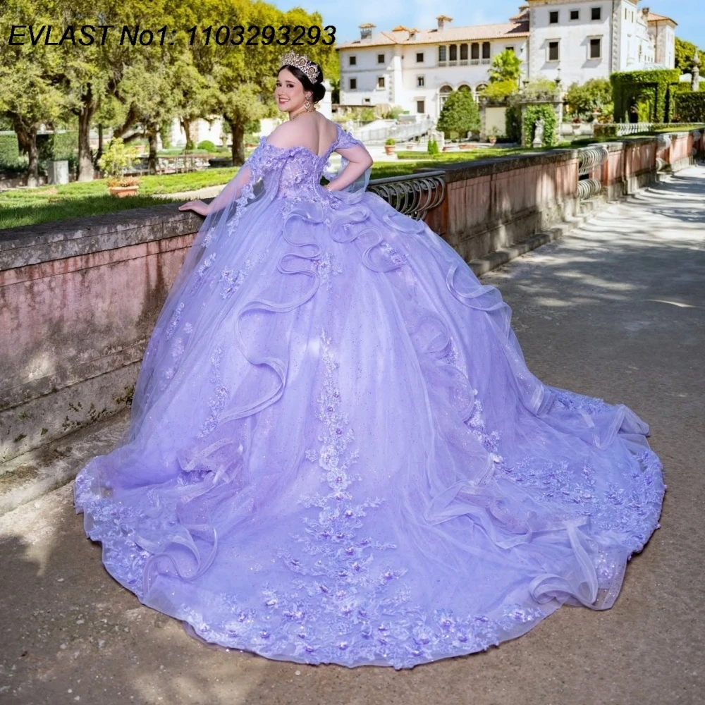 EVLAST Customized Shiny Lilac Quinceanera Dress Ball Gown 3D Floral Applique Beading Ruffles Sweet 16 Vestidos De 15 Anos AQ259