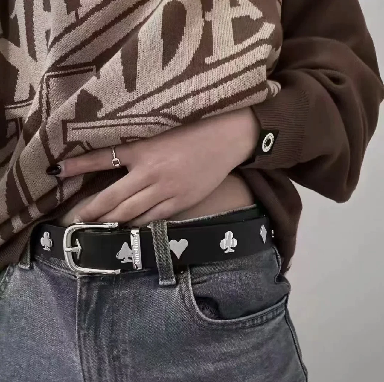 western-poker-design-leather-belt-couple-sle-men's-jeans-suitable-youthful-versatile-alloy-bule-two-layer-cowhide