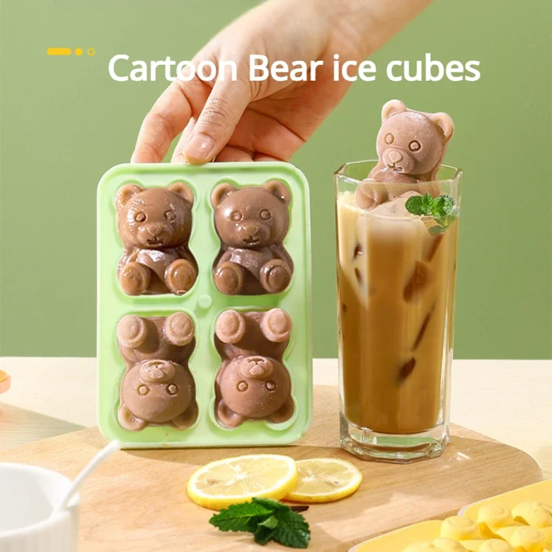 Zackoo 4Grid 3D Bear Ice Cube Tray Mould Home Frozen Coffee Milk Tea Ice Cream Maker Silicone Molds Pastry Kitchen Acceesories