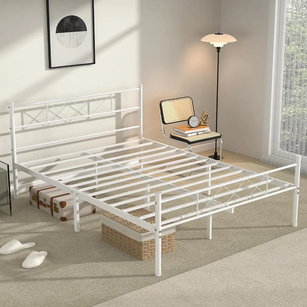 Full Size Bedframe Met Hoofdeinde, Zwaar Platform Met Sterke Metalen Latten, Geen Boxspring Nodig, Eenvoudige Montage, Puur Wit