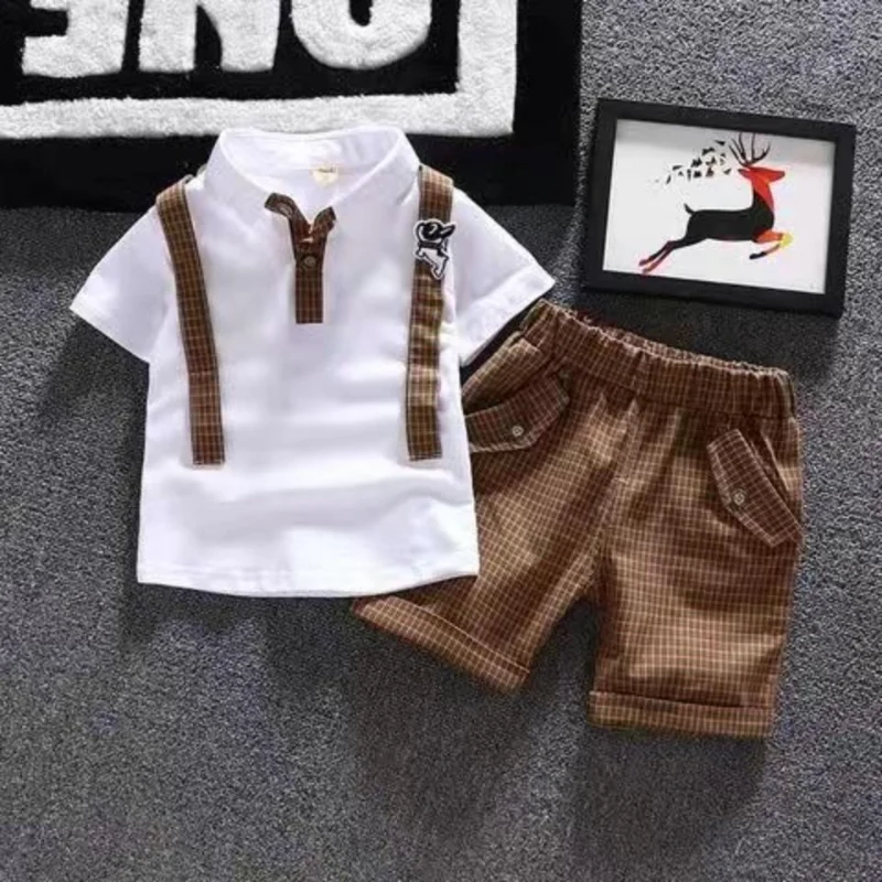 

2023 Kids Clothing Summer Short Sleeve Lapel Boys Two Pieces Simplicity Fashion Pullover Thin Cotton Printed Spliced Straps Sets