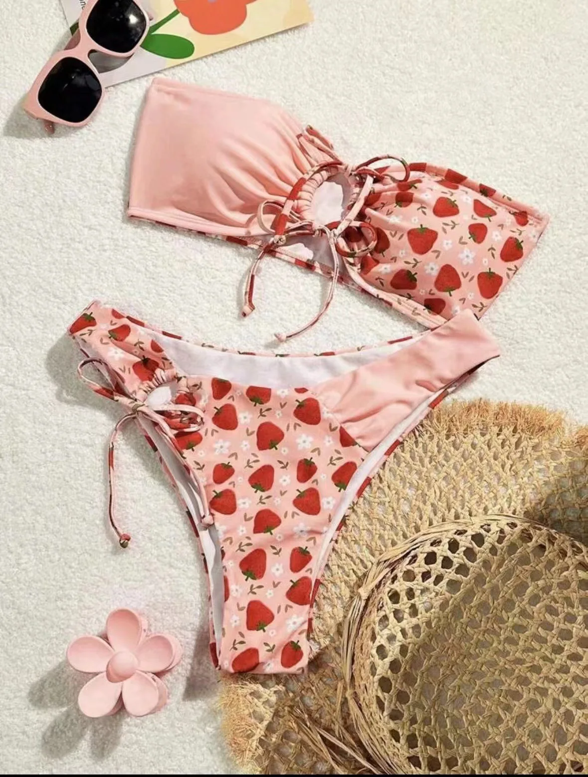 

Cute Pink Strawberry Bandeau Bikinis Sets Two Pieces Bow High Waist Padded Bathing Suit Beach Wear Women Thong Bikini Swimsuits