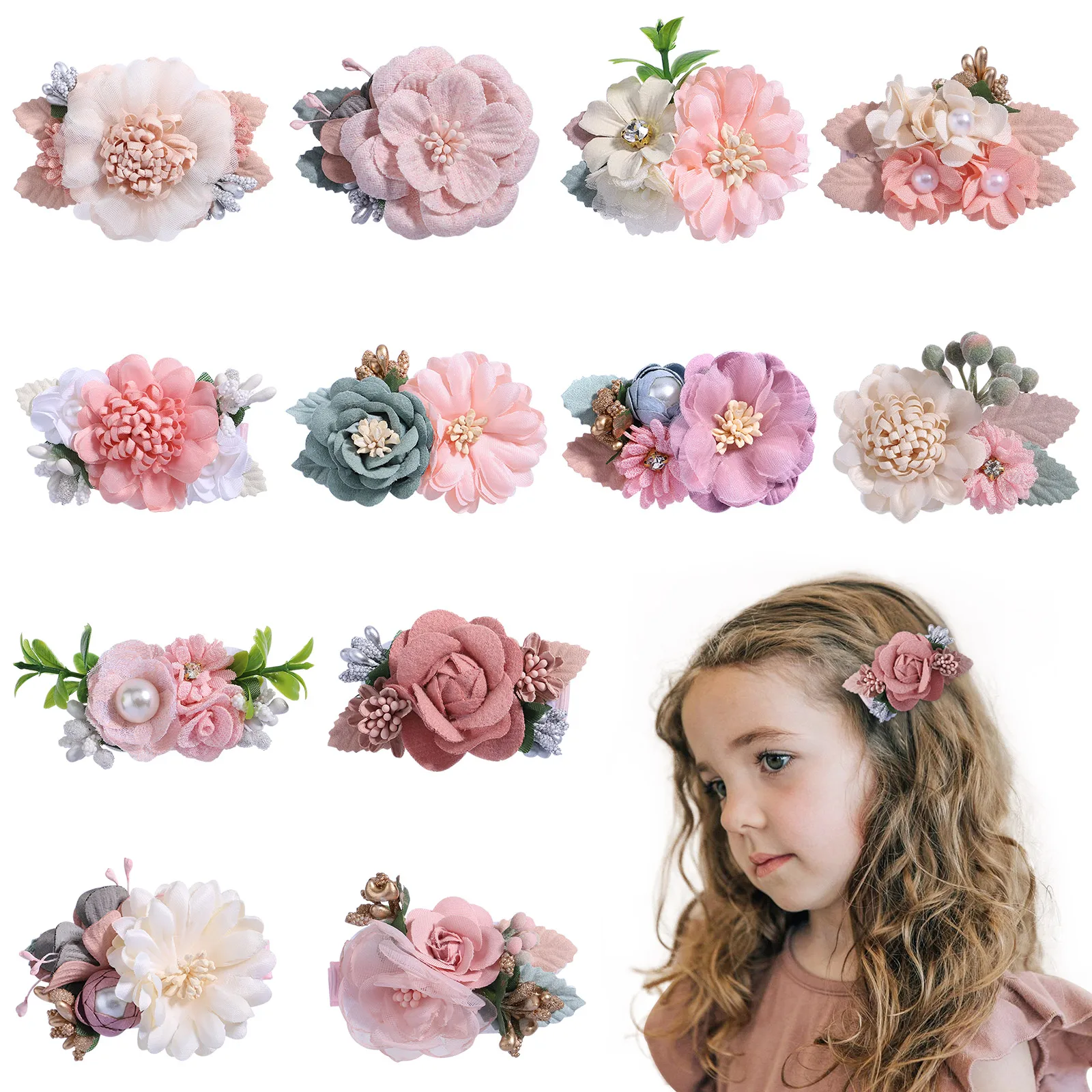 1Piece Hot Sale Sweet Girls Flower Petals HairClip Pearl Chiffon Decorate Headwear Hairpin Barrettes Kids Hair Accessories