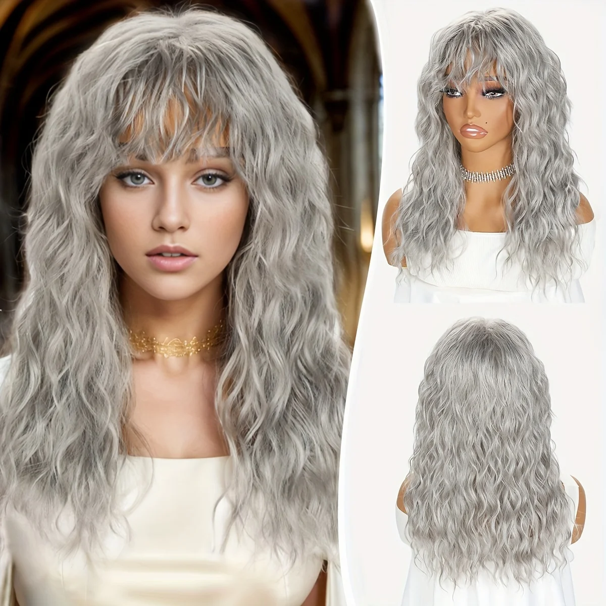 

Женский длинный вьющийся парик с челкой, парик из синтетического волокна, серый шиньон, модный и термостойкий