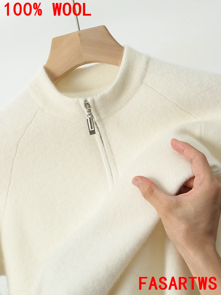 

Men's Sports Sweater100% Pure Australian Wool Knitted Top Half Zip Stand Up Collar Pullover Leisure Autumn Winter High-end Coats