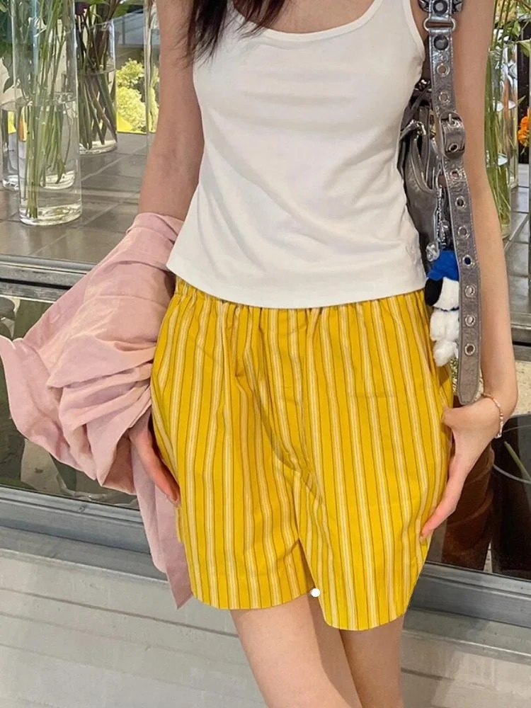 

Желтые полосатые свободные брюки с широкими штанинами для женщин, зима 2026, новые повседневные спортивные брюки с высокой талией, универсальные шорты