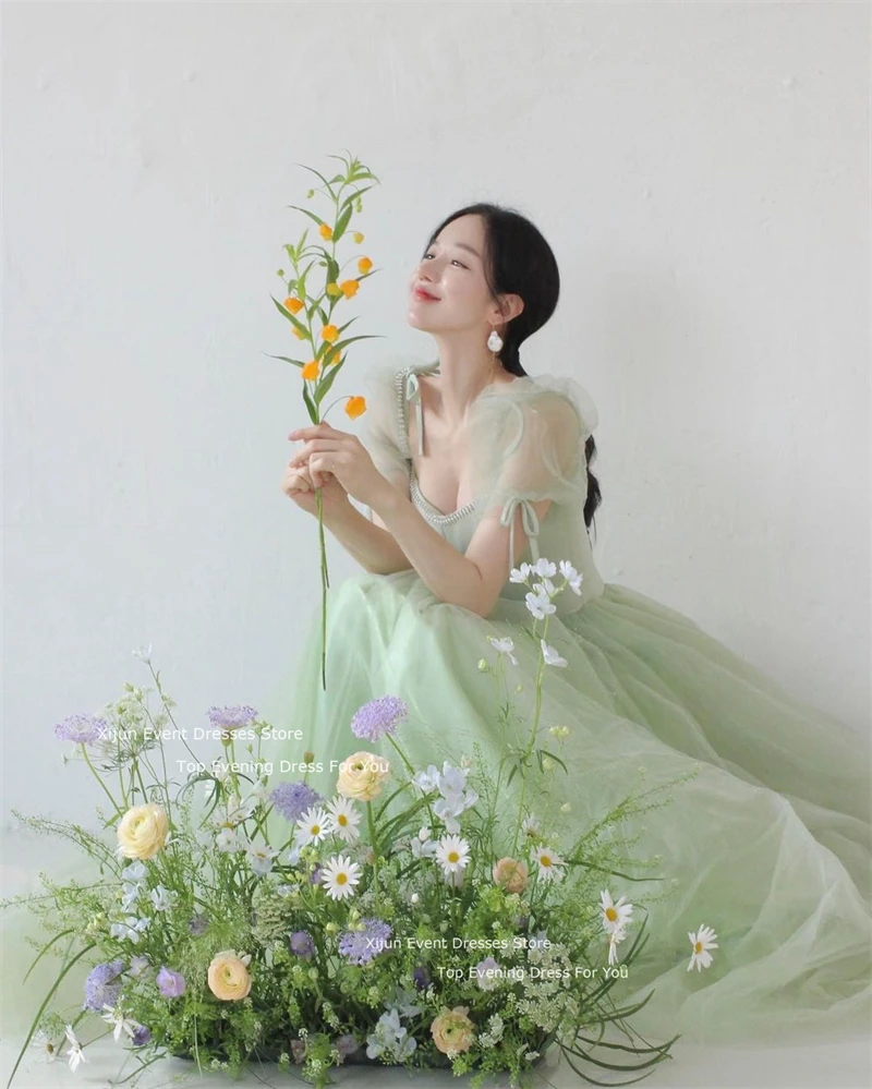 Xijun-Vestidos largos de tul verde salvia para baile de graduación, vestidos de boda de princesa de hadas de Corea, vestidos de novia formales para sesión de fotos, vestidos de fiesta Coreanos